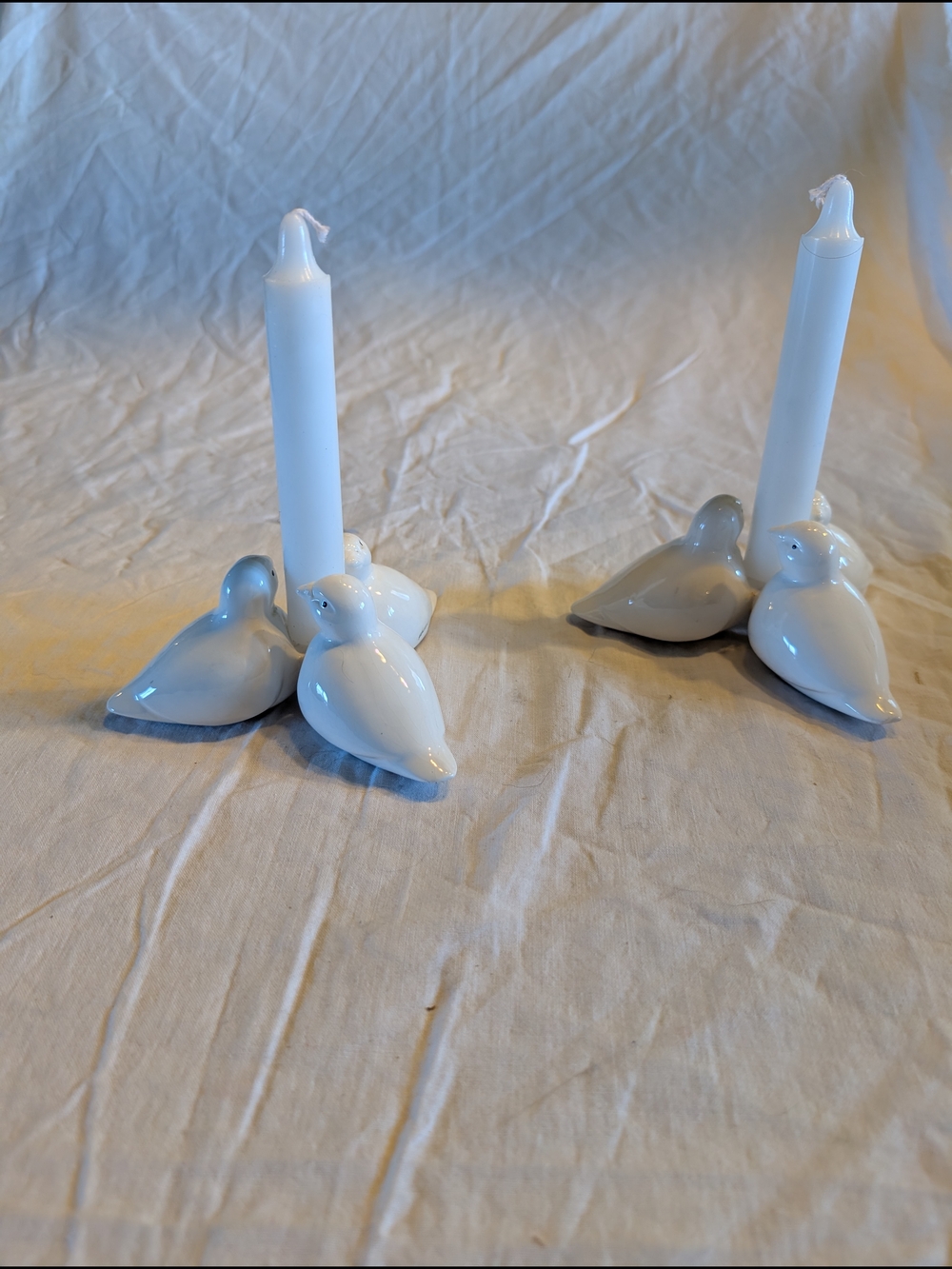 2/20$ Vintage White Ceramic Bird Taper Candle Holders - Set of 2 With Candle